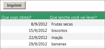 Captura de tela que mostra o modo de exibição imprimível de uma planilha.