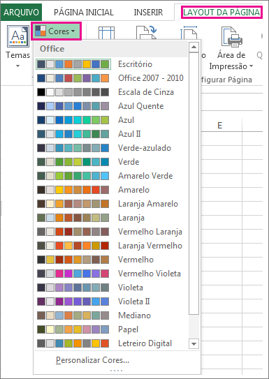 Galeria de cores de temas através do botão Cores na guia Formatar Página