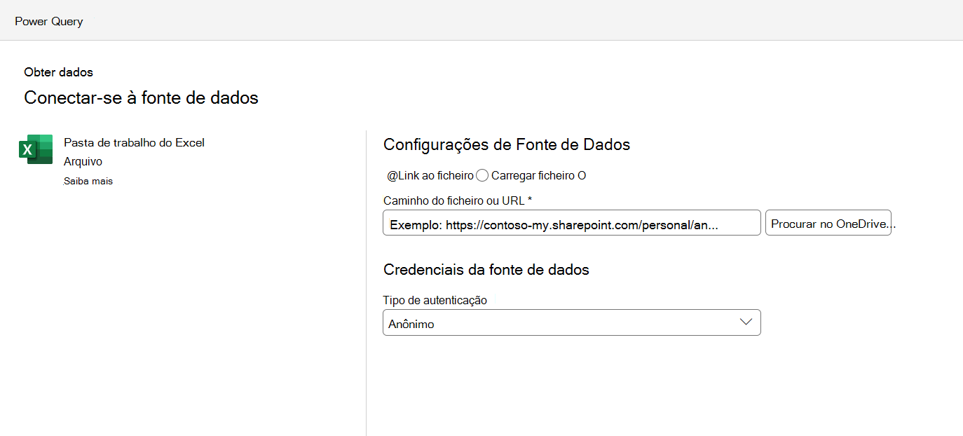 O menu de configurações de conexão da fonte de dados,