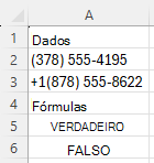 Utilizar REGEXTEST para marcar se os números de telefone estão numa sintaxe específica, com o padrão ^\([0-9]{3}\) [0-9]{3}-[0-9]{4}$
