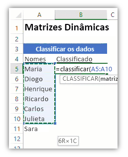 captura de tela de uma planilha do Excel mostrando uma lista de dados e uma fórmula usando a função CLASSIFICAR para classificar a lista.