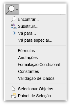 Captura de tela mostrando o menu Localizar & Selecionar, que foi adicionado à guia Página Inicial da faixa de opções.