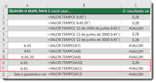 Saída de várias funções VALOR.TEMPO
