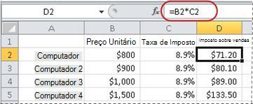 Exemplo de fórmula para o cálculo de uma porcentagem