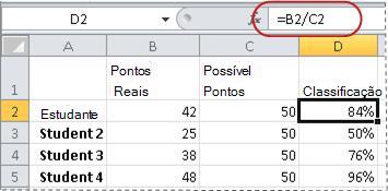 Exemplo de fórmula para o cálculo de uma porcentagem