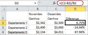 Exemplo de fórmula para o cálculo de uma porcentagem