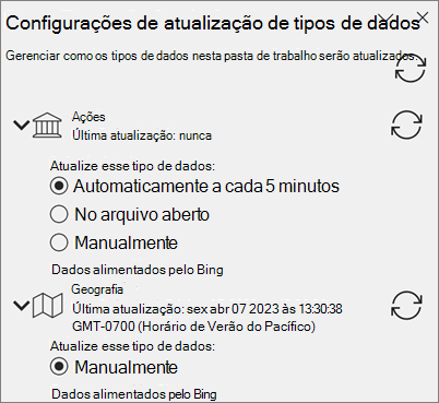 O painel Definições de Atualização para tipos de dados.