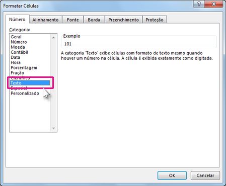 Salvar como Texto na caixa de diálogo Formatar Células