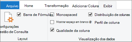Opções de Criação de Perfil de Dados na guia Exibir da faixa de opções do Editor do Editor do Power Query