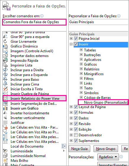 Personalizar a caixa de faixas de opções no Excel