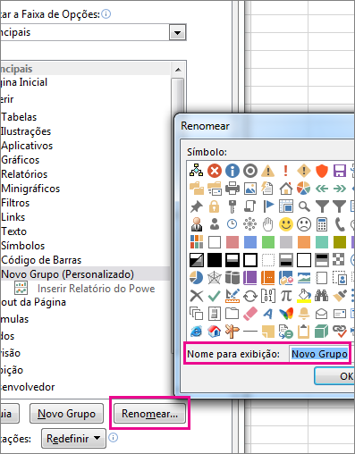 Renomear um botão na caixa de diálogo Personalizar Faixa de Opções