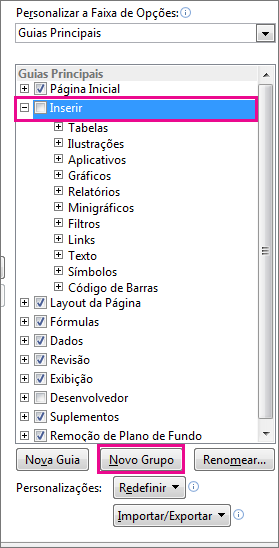 Novo botão Grupo nas opções da faixa de opções personalizadas do Excel