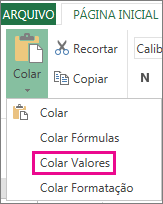 Comando Colar mostrando Colar Valores no Excel Online