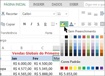 O botão de preenchimento e as opções na Faixa de Opções