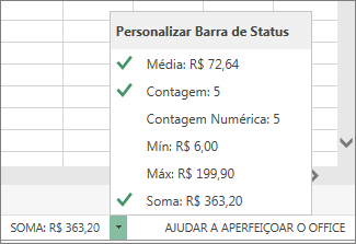 Opções da barra de status