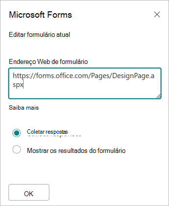 O endereço do formulário será preenchido automaticamente no campo Endereço web do formulário.