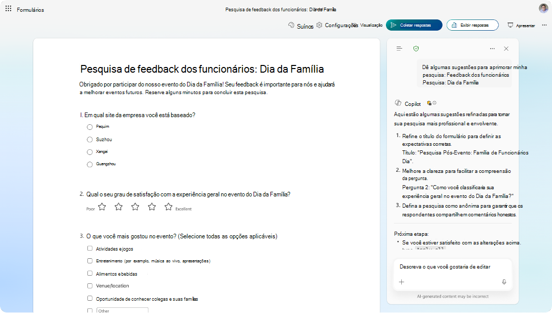 Captura de tela do formulário da Pesquisa de Comentários dos Funcionários com o painel de sugestões do Copilot oferecendo melhorias.