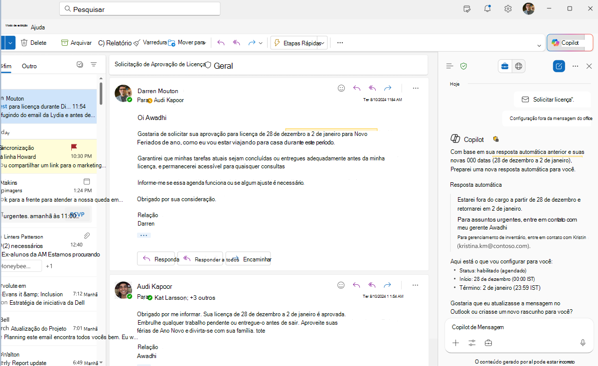 Captura de tela da resposta copilots para criar uma resposta automática no Copilot no Outlook