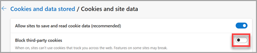 A configuração Bloquear cookies de terceiros no Microsoft Edge