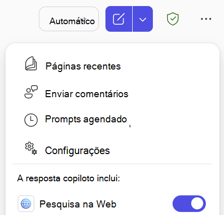 Captura de ecrã do botão de alternar pesquisa na Web no Copilot Chat