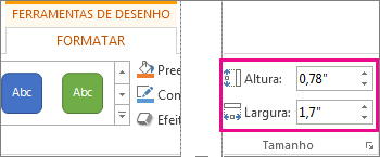 Caixas Altura e Largura na guia Formatar de Ferramentas de Desenho