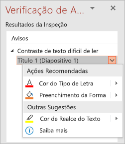 Menu suspenso para um problema no Verificador de Acessibilidade, mostrando as listas de Ações Recomendadas e Outras Sugestões
