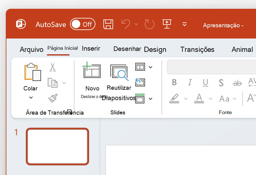 Uma captura de ecrã do canto superior esquerdo do PowerPoint em Tema colorido.
