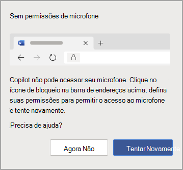 A caixa de diálogo de erro Sem permissões de microfone no Copilot.