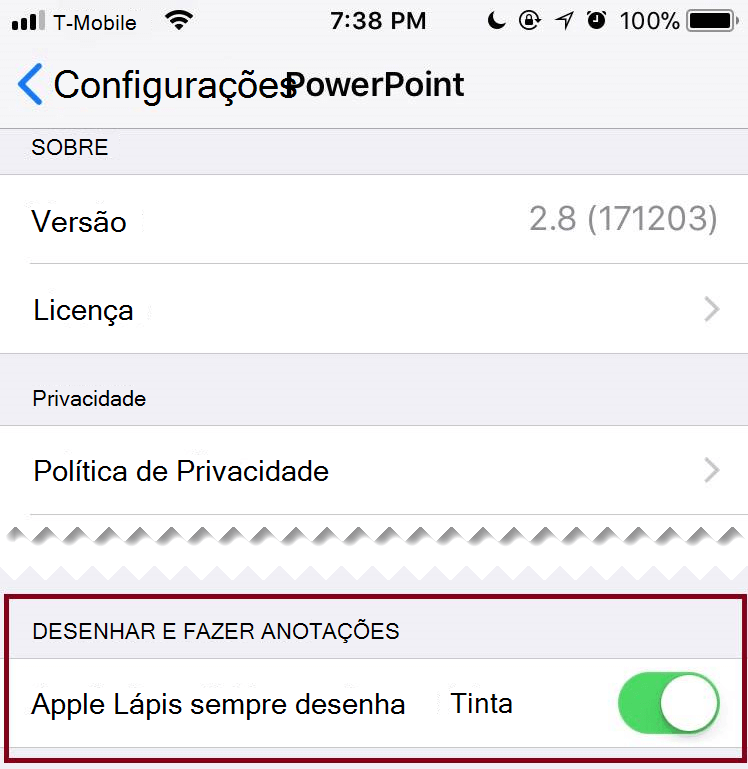 Nas configurações de um aplicativo, você pode ativar ou desativar a tinta automática.