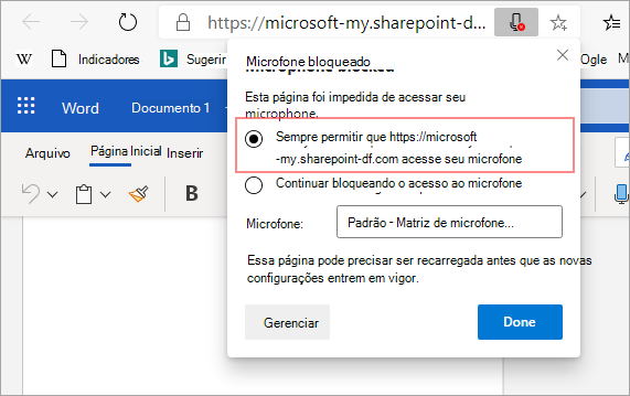 Altere a configuração para Sempre permitir acesso ao microfone.