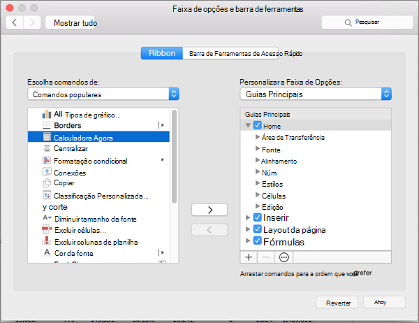 Captura de tela da caixa de diálogo Personalizar Faixa de Opções do Mac