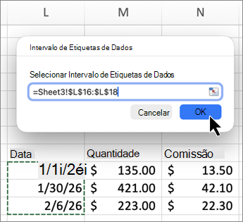 Captura de tela do intervalo de rótulos de dados do Mac no Excel.