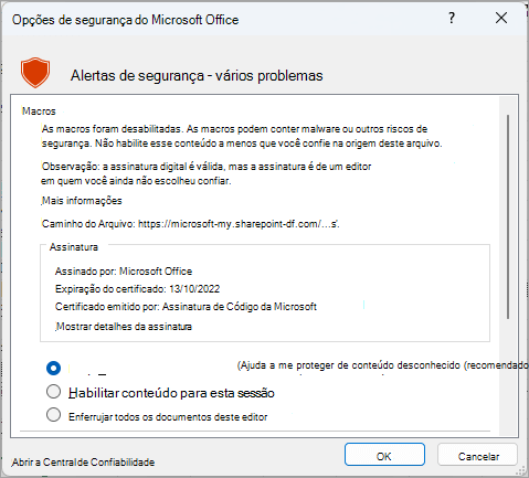 A caixa de diálogo de alerta de segurança do Microsoft Excel