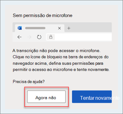 Nenhuma mensagem de erro de microfone com Agora não circulado em vermelho.