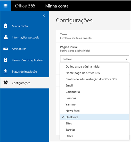 Alterar a página inicial do Office 365