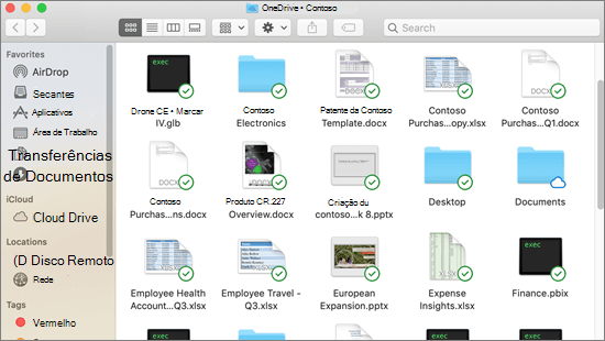 Captura de tela da integração do Finder no Mac com sobreposições de sincronização para arquivos sincronizados