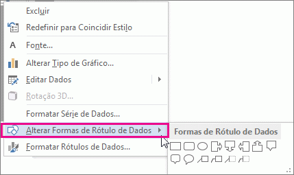 Comando de menu Alterar Formas de Rótulo de Dados e Galeria de formas