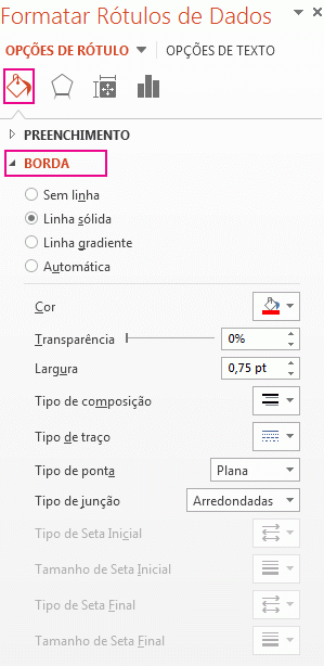 Guia Linha de Preenchimento do painel de tarefas Formatar Rótulo de Dados