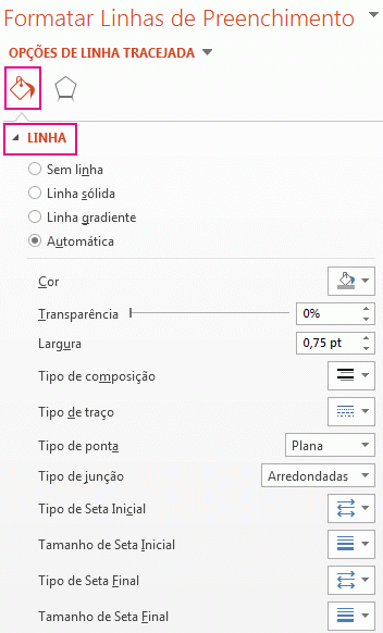Ícone de linha no painel Opções de Formatar Linha Tracejada