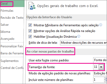 Opções da caixa de diálogo Geral