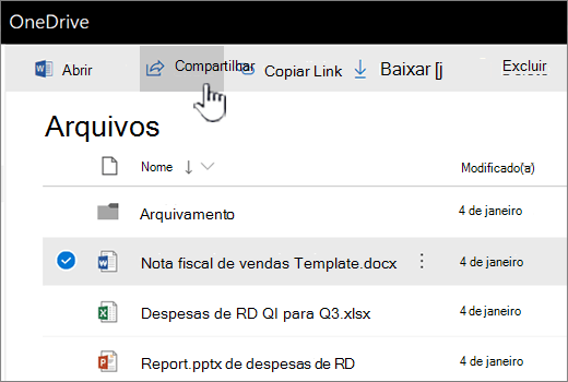 OneDrive com o arquivo selecionado e o botão Compartilhar pressionado
