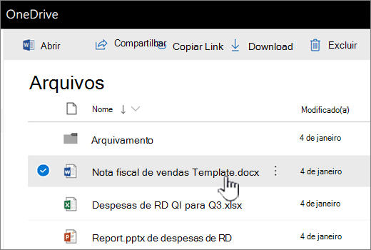 OneDrive com o arquivo selecionado