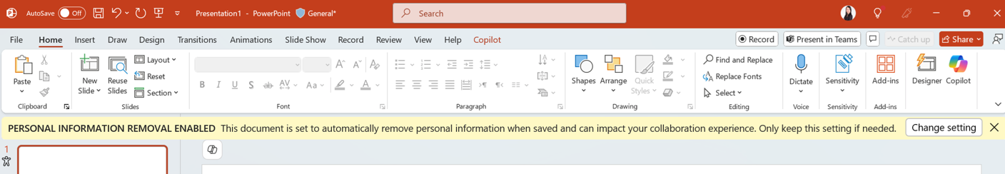 A notificação Remoção de Informações Pessoais Ativada na aplicação PowerPoint