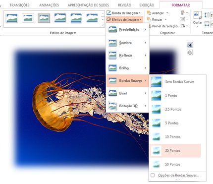 Usar Efeitos de Imagem para adicionar sombra, bordas suaves, biséis ou outros efeitos visuais.