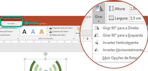 Os comandos de Rotação estão disponíveis na guia Formatar Ferramentas de Desenho, na faixa de opções da barra de ferramentas. Clique no objeto que você deseja girar e, em seguida, clique na faixa.