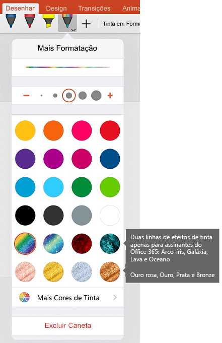 Cores e efeitos de tinta para desenhar com tinta no Office no iOS