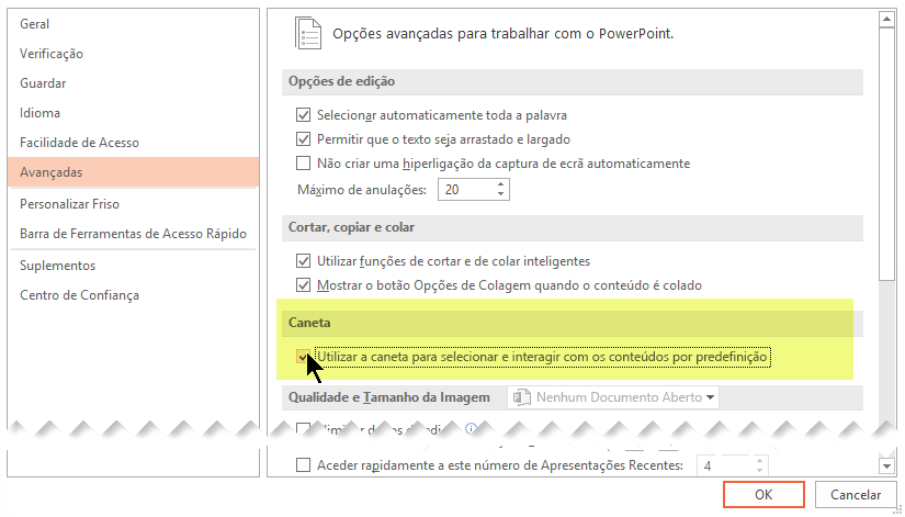Para desativar a escrita à tinta por padrão, selecione a opção Usar caneta para selecionar e interagir com o conteúdo por padrão.
