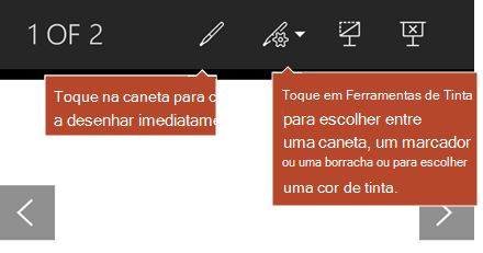 Ferramentas de Tinta disponíveis no modo de exibição Apresentação de Slides.