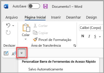 Localização da Barra de Ferramentas de Acesso Rápido abaixo do friso