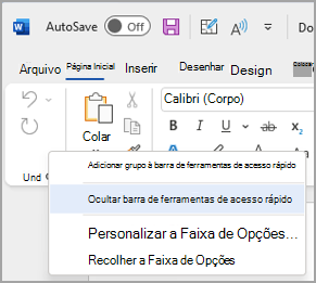 Imagem da opção para ocultar a Barra de Ferramentas de Acesso Rápido